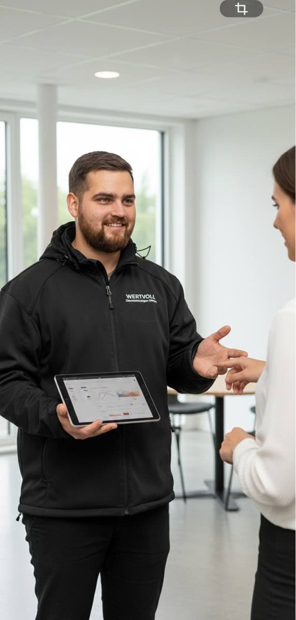 Markus Knaub bei der persönlichen Kundenberatung mit Tablet — Ihr Ansprechpartner für Schimmelpilzbegutachtung in Minden